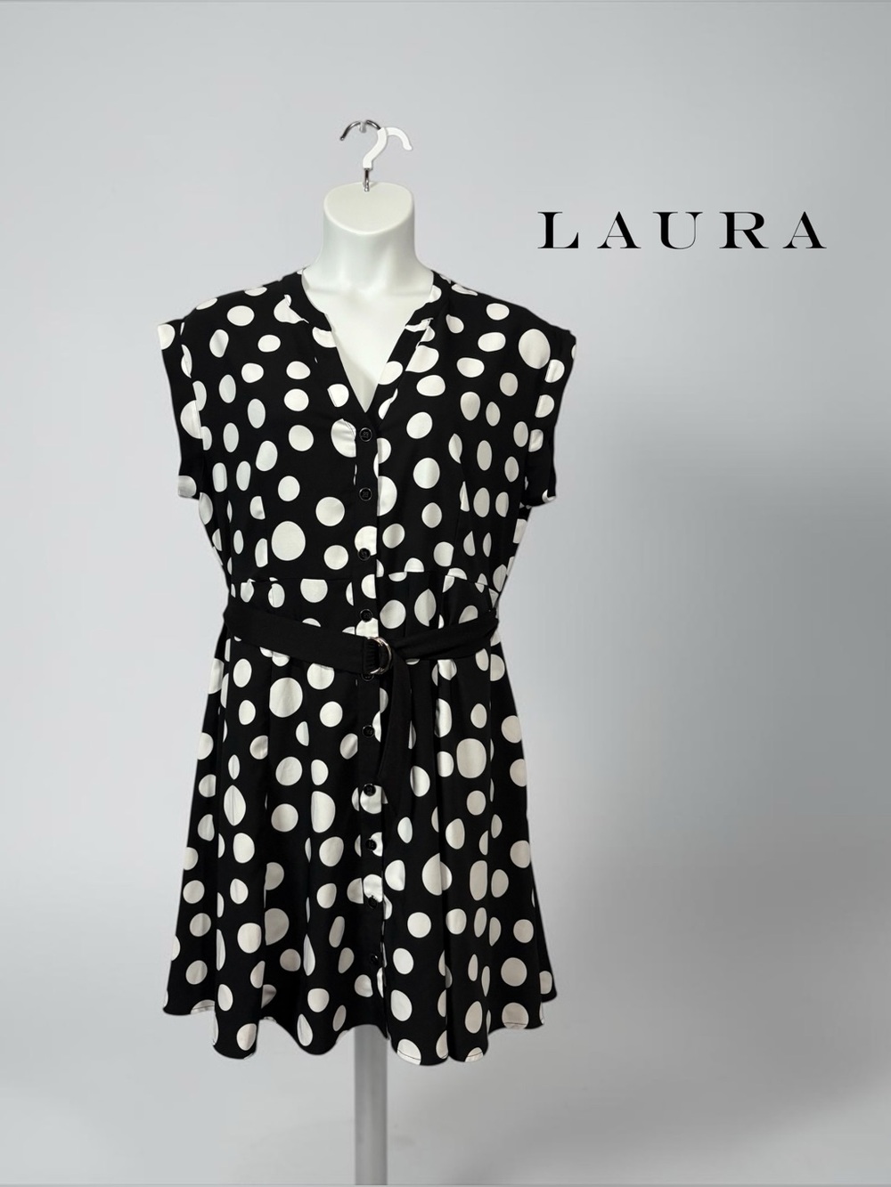 Laura, Size 16, Black & White Polka Dot Belted Shirt Dress Pockets